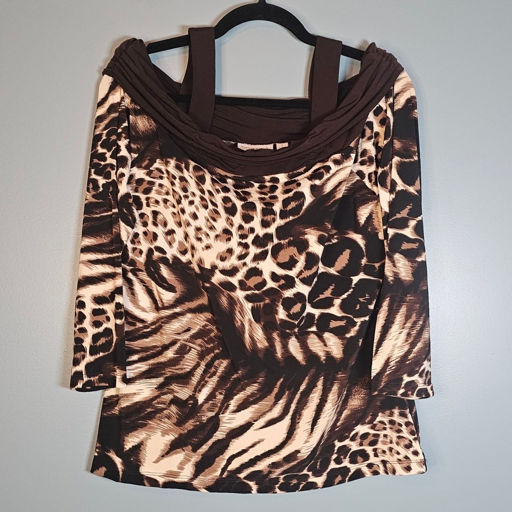 Susan Graver Animal Print Cowl Neck Cold Shoulder Long Sleeve Top Women's Size S